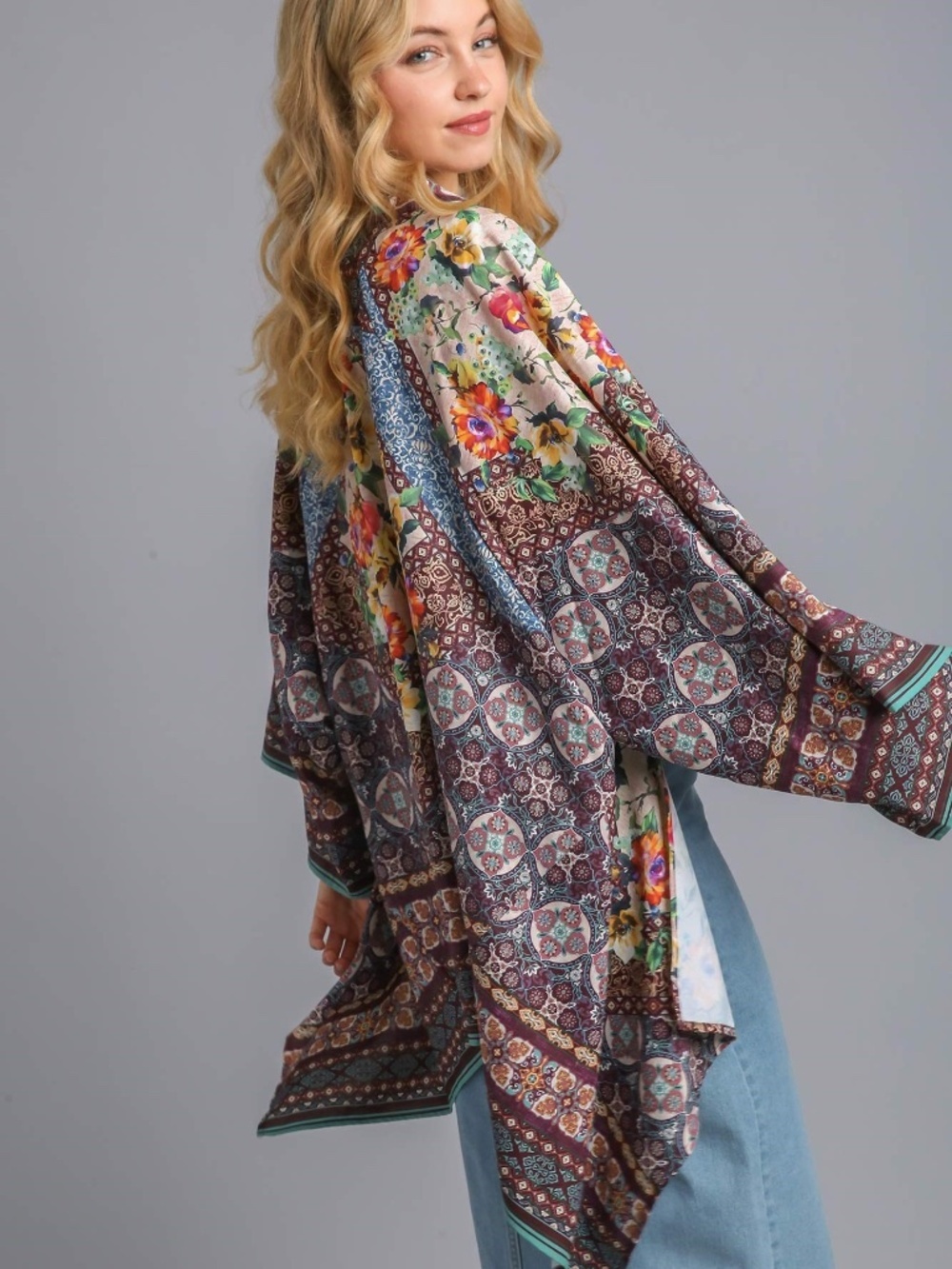 Umgee Floral Patchwork Kimono Cardigan Open Front Boho Duster NWT